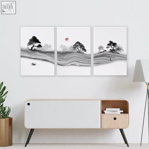 Three-panel black and white prints for living room featuring minimalist japanese ink landscape with trees misty hills red moon and boat