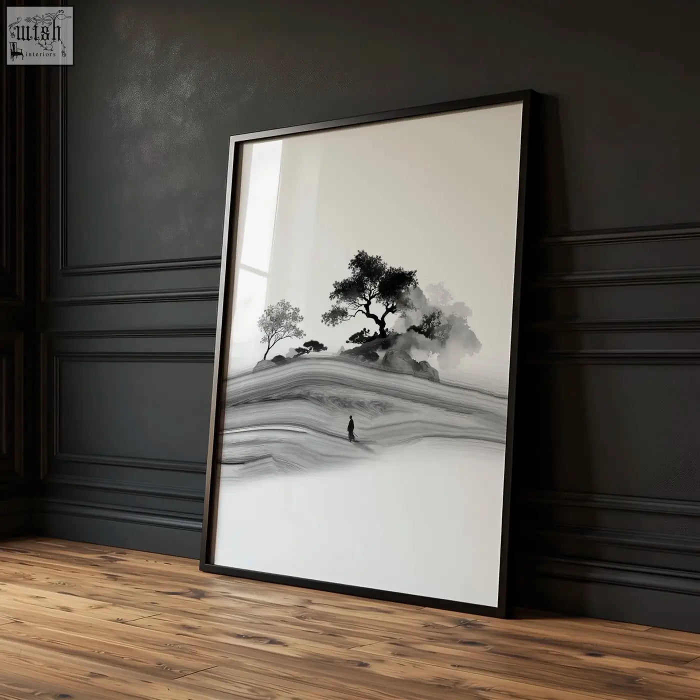 Black framed black and white prints featuring minimalist japanese ink landscape with red moon for living room decor