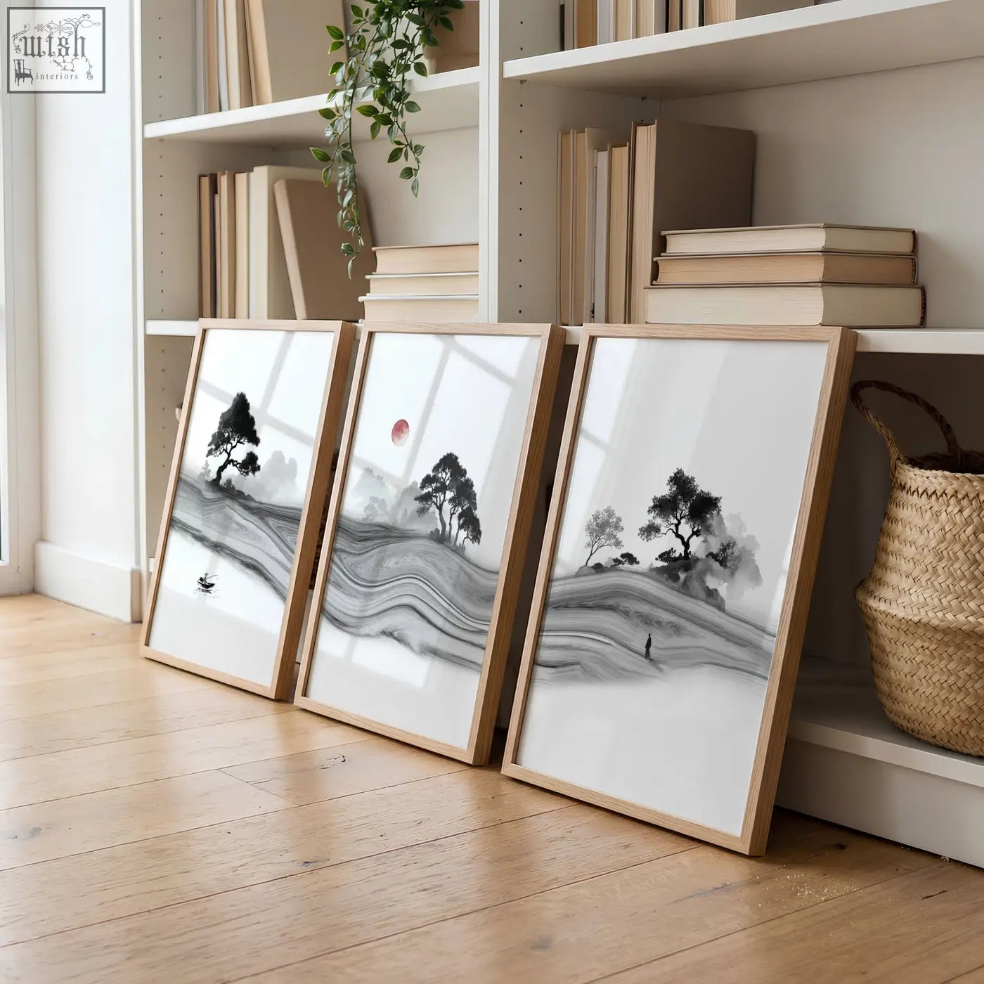 Three black and white white prints with minimalist japanese ink landscape and red moon perfect for living room decor