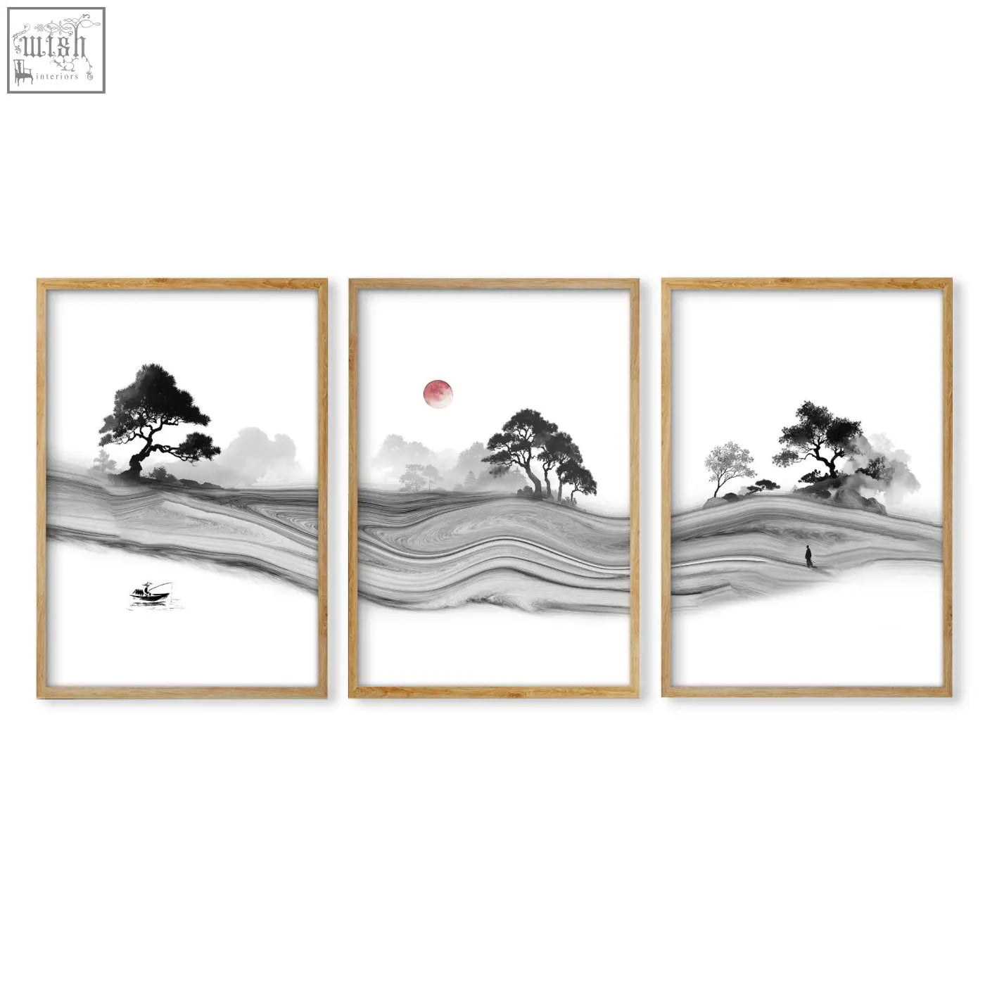 Set of 3 white prints japandi ink landscape art with minimalist black and white scenes featuring a red sun in wood frames