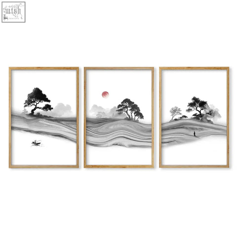 Set of 3 white prints japandi ink landscape art with minimalist black and white scenes featuring a red sun in wood frames
