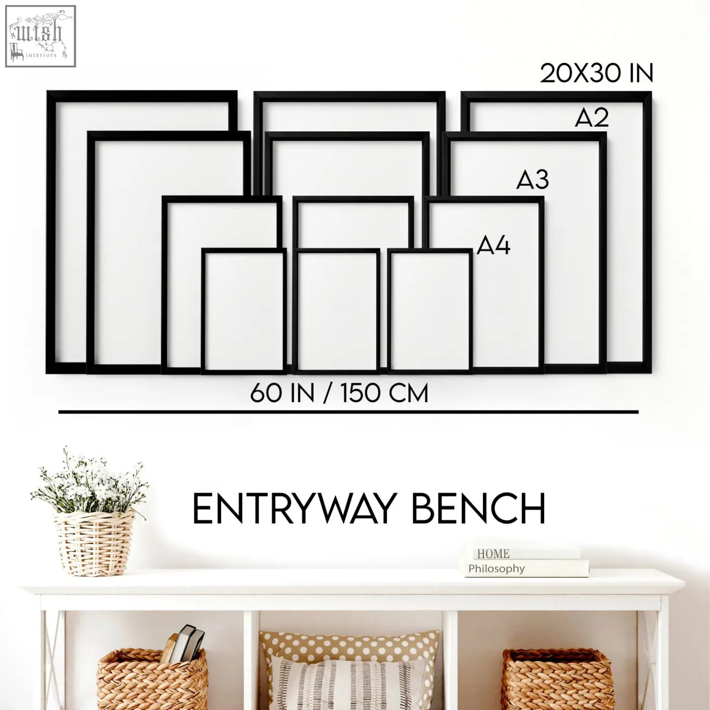 Set of black minimalist picture frames in a2 a3 a4 sizes featuring white prints japandi ink landscape with red sun