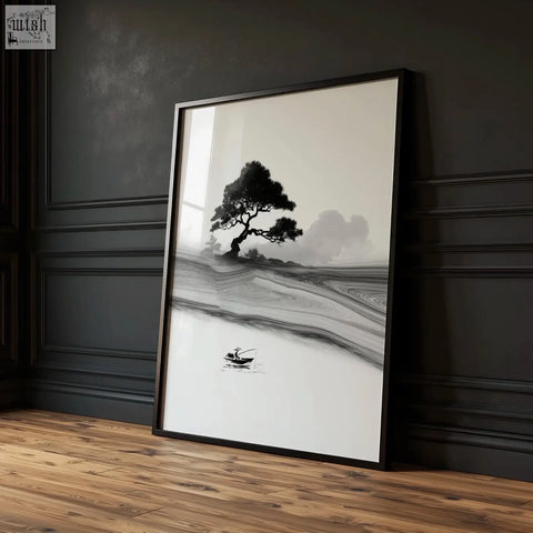 Black and white prints japandi ink landscape with red sun featuring minimalist tree and boat in monochrome ink wash style