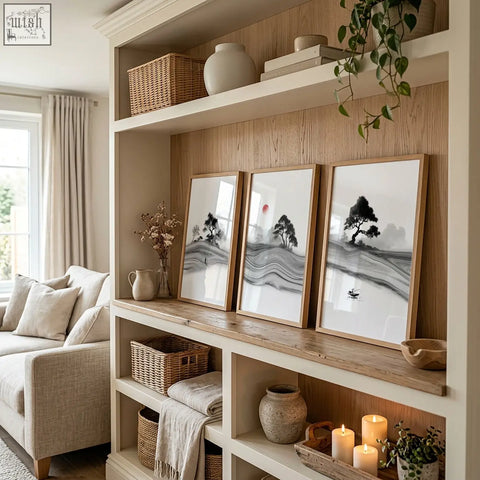 Three framed black and white prints japandi landscape with minimalist trees and red sun in light wood frames
