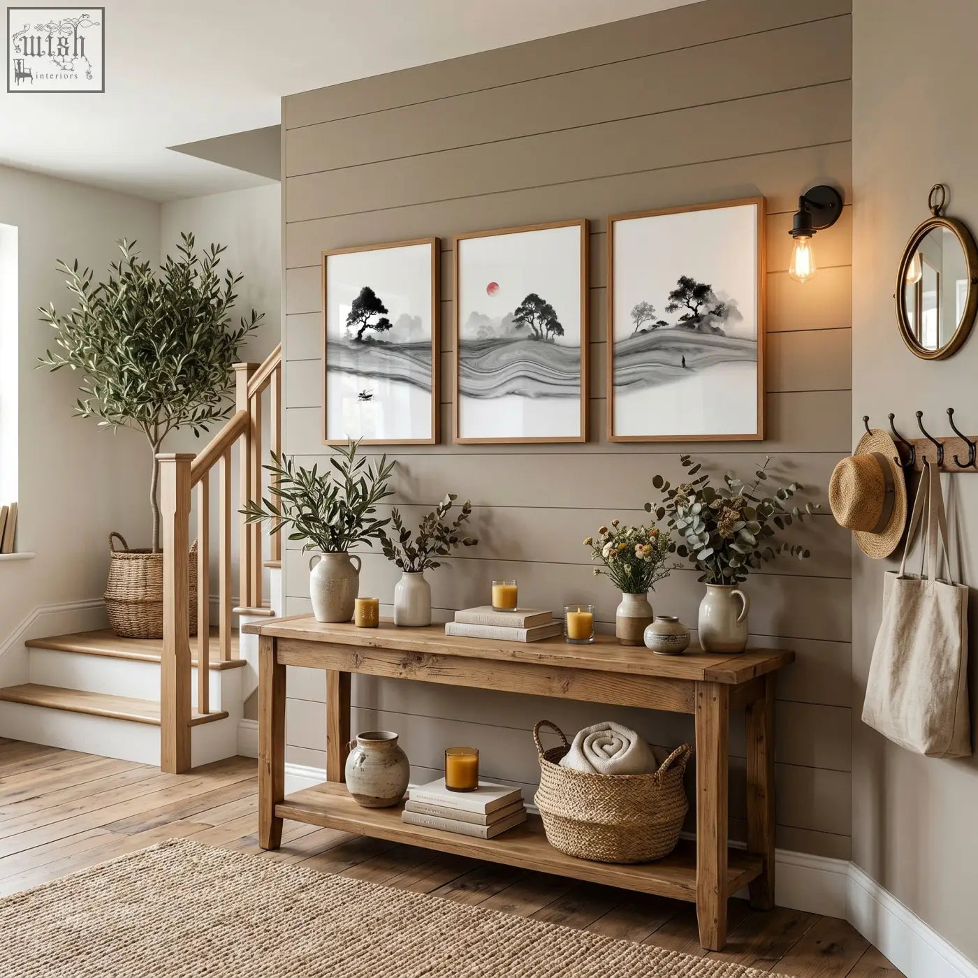Rustic wooden console table with natural finish and woven baskets beneath black and white prints japandi landscape with red sun