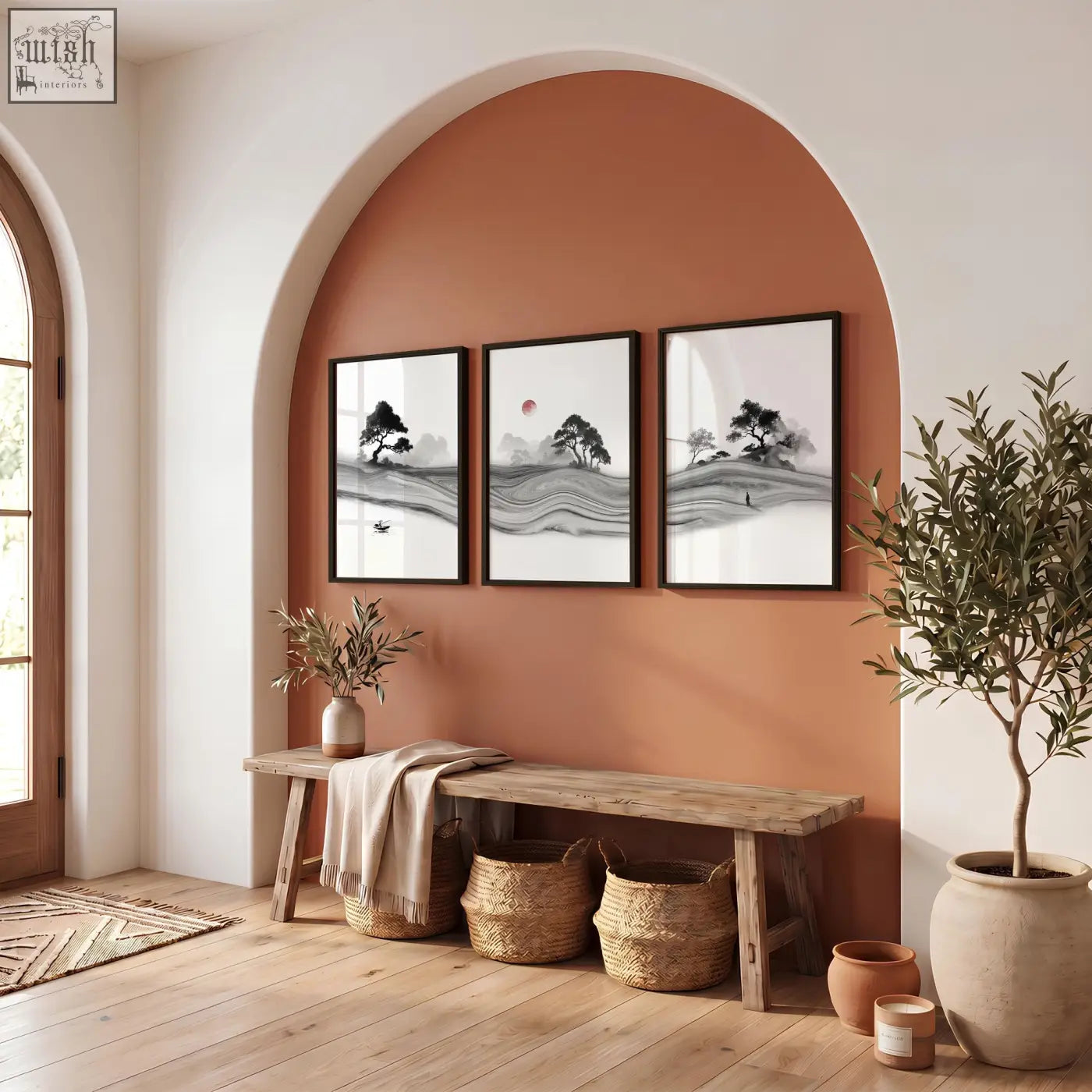 Three framed black and white prints japandi landscape with minimalist trees and a red sun above a wooden bench