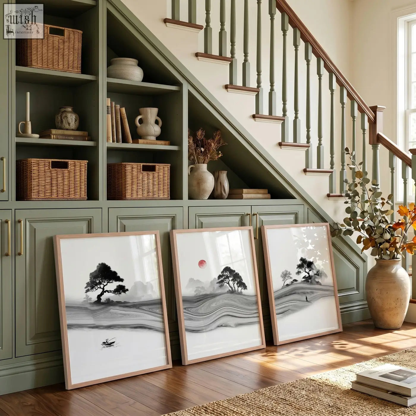 Three framed black and white prints japandi ink landscape with serene trees flowing water and a red sun design