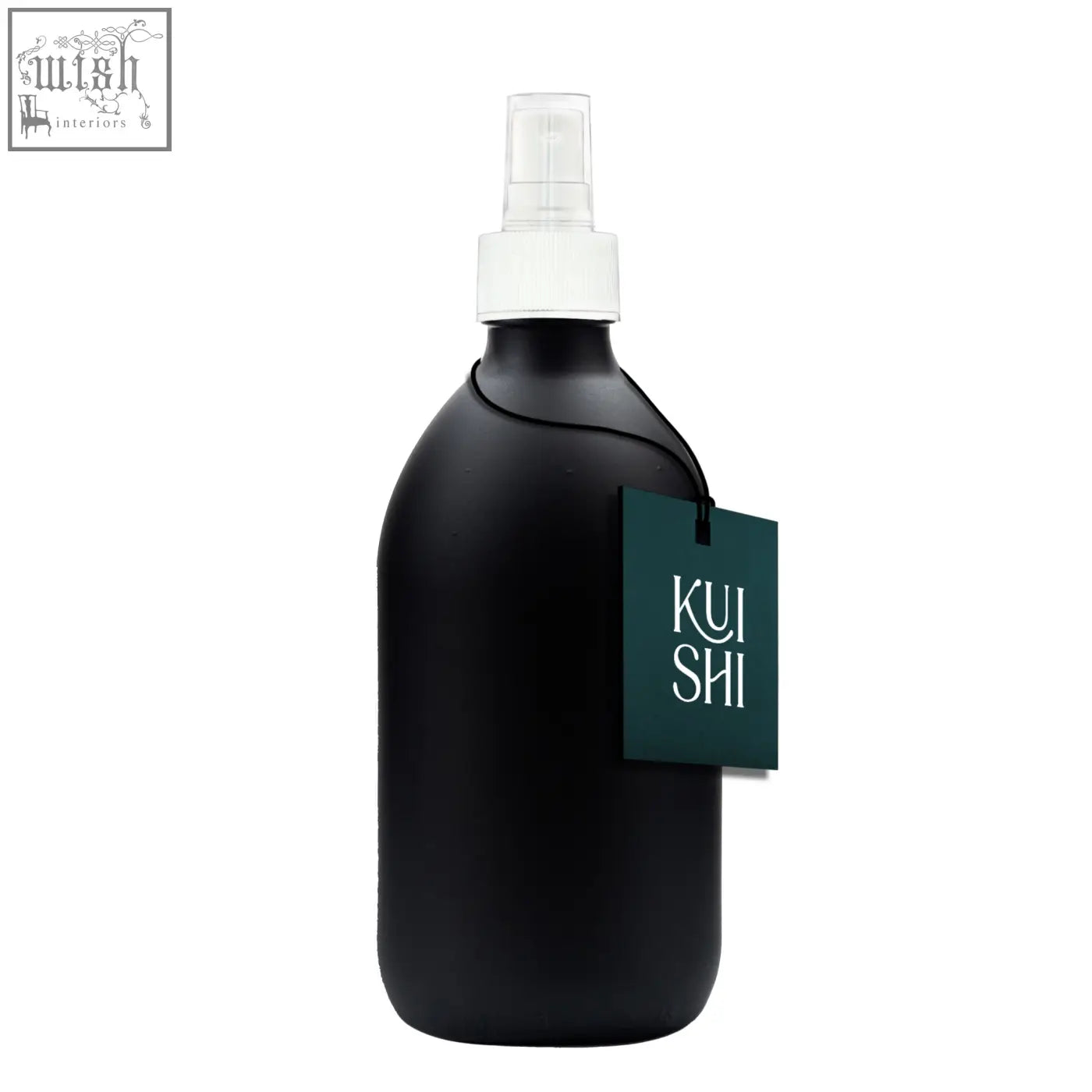 Black atomiser spray bottle with matte finish white nozzle and dark green kui shi tag for stylish atomiser spray use