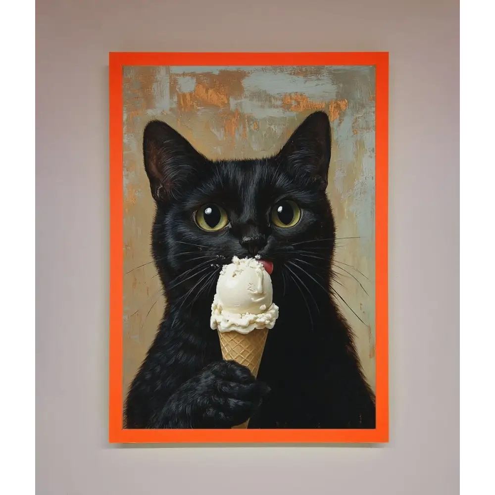 Black Cat Vanilla Icecream Funny Framed Wall Art - A3 (29.7 x 42 cm) / Neon Orange - Framed Print