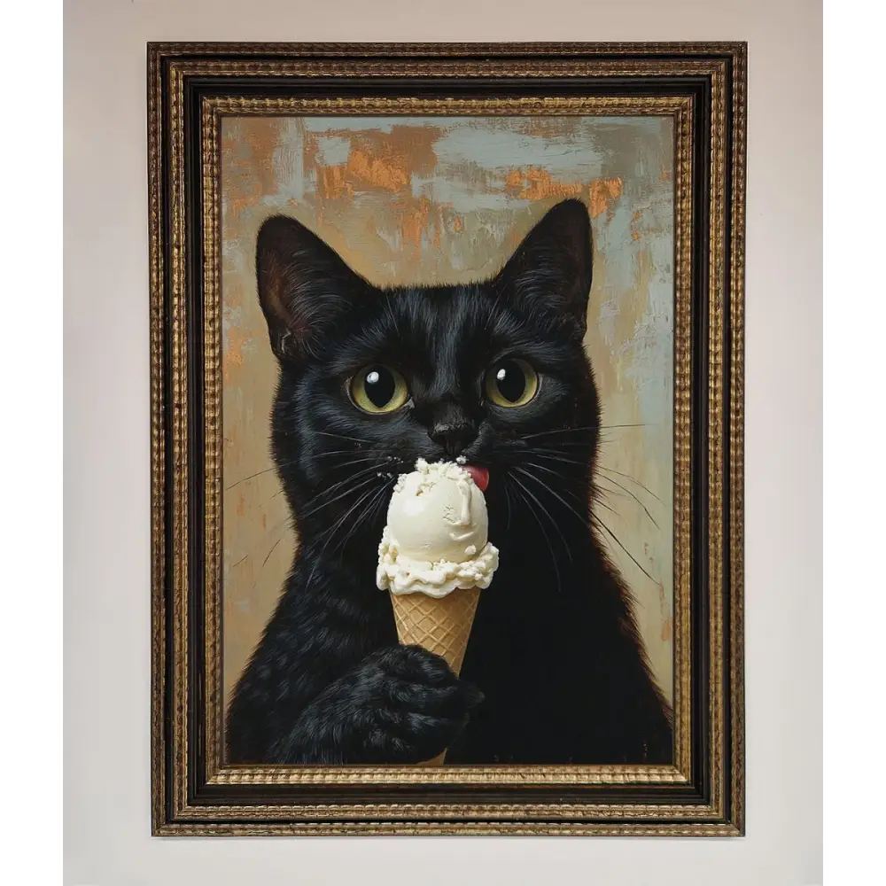 Black Cat Vanilla Icecream Funny Framed Wall Art - A3 (29.7 x 42 cm) / Ornate Gold Black - Framed Print
