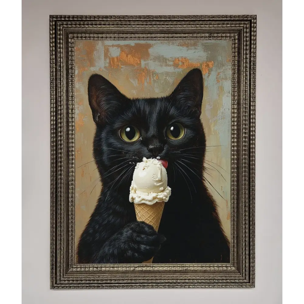 Black Cat Vanilla Icecream Funny Framed Wall Art - A3 (29.7 x 42 cm) / Ornate Silver - Framed Print