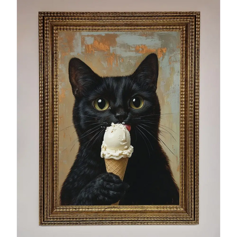 Black Cat Vanilla Icecream Funny Framed Wall Art - A3 (29.7 x 42 cm) / Ornate Gold - Framed Print