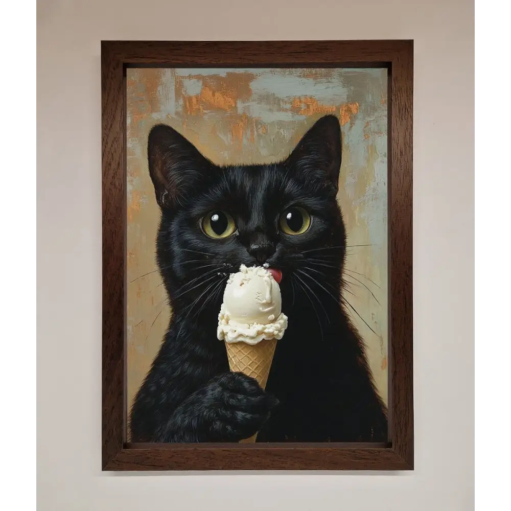 Black Cat Vanilla Icecream Funny Framed Wall Art - A3 (29.7 x 42 cm) / Walnut - Framed Print