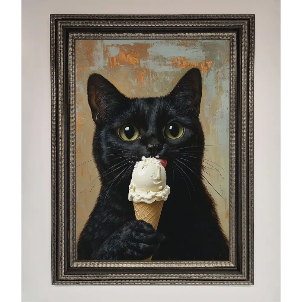 Black Cat Vanilla Icecream Funny Framed Wall Art - A3 (29.7 x 42 cm) / Ornate Silver Black - Framed Print