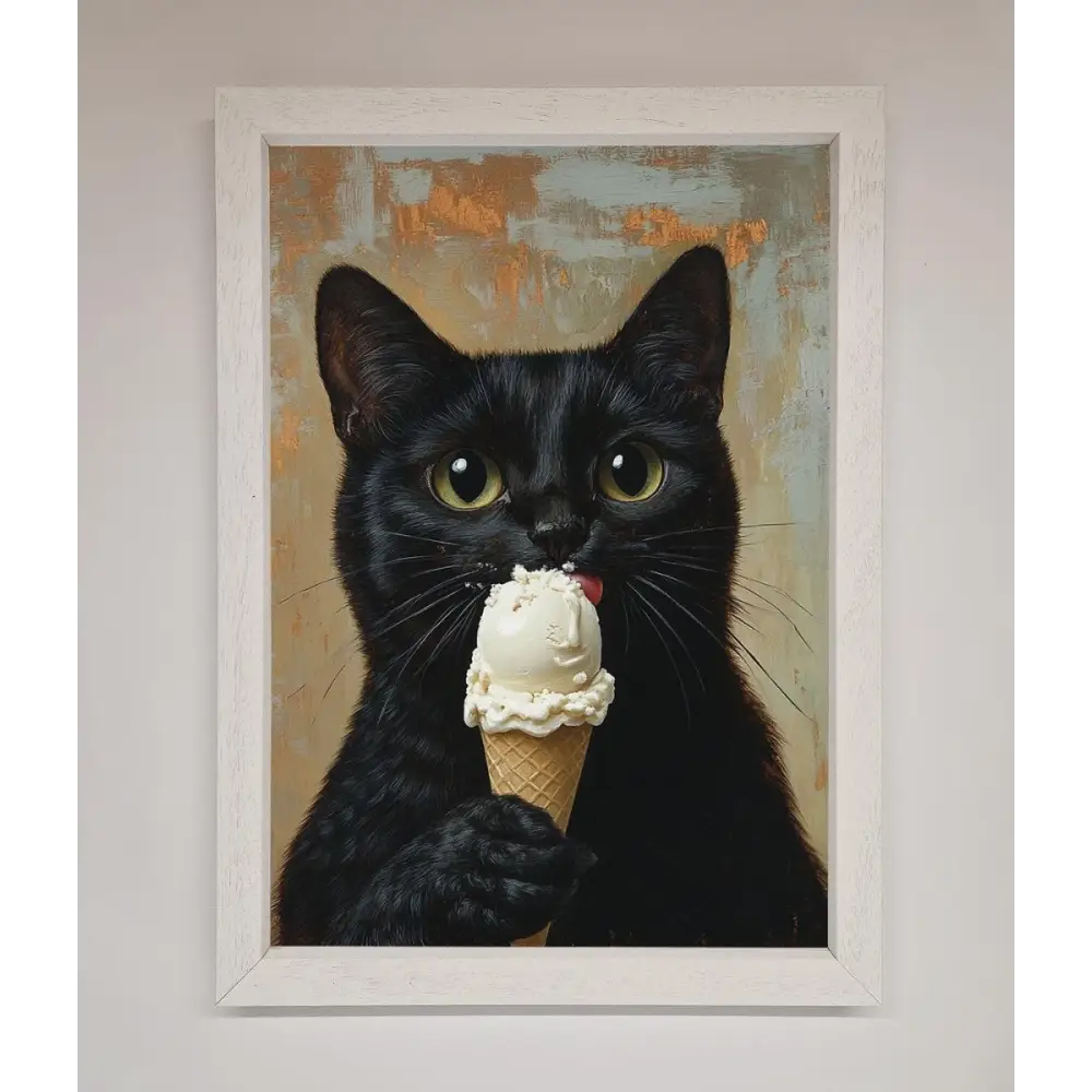 Black Cat Vanilla Icecream Funny Framed Wall Art - A3 (29.7 x 42 cm) / White - Framed Print