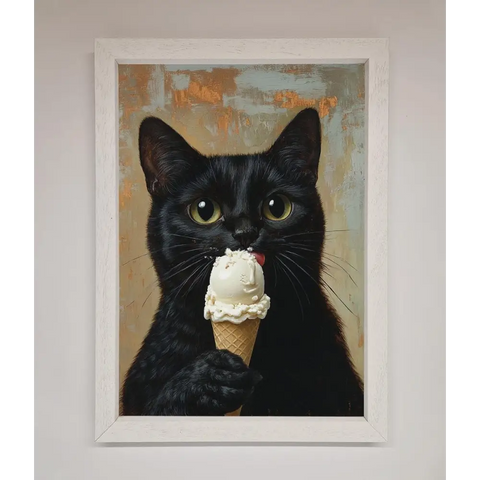 Black Cat Vanilla Icecream Funny Framed Wall Art - A3 (29.7 x 42 cm) / White - Framed Print