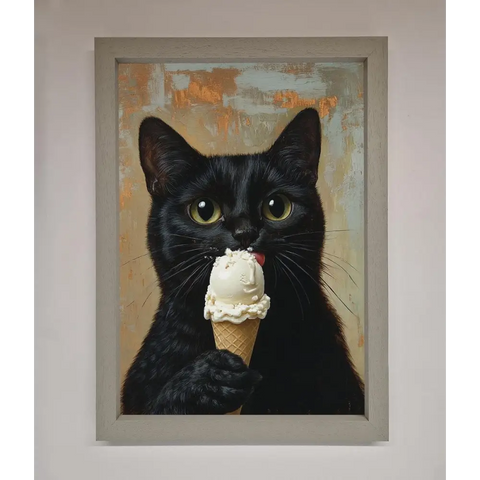 Black Cat Vanilla Icecream Funny Framed Wall Art - A3 (29.7 x 42 cm) / Grey - Framed Print