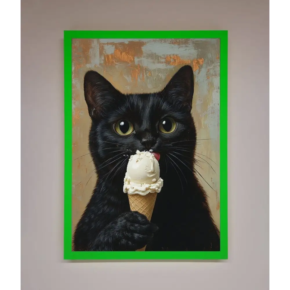 Black Cat Vanilla Icecream Funny Framed Wall Art - B0 (100 x 141 cm) / Neon Dark Green - Framed Print