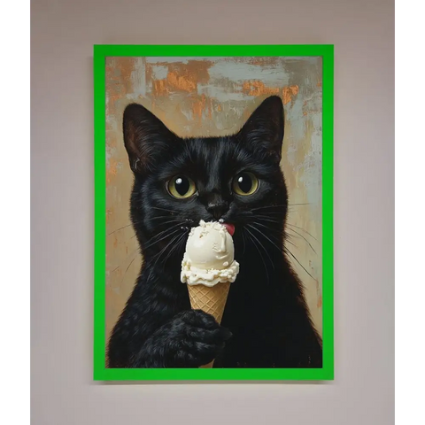 Black Cat Vanilla Icecream Funny Framed Wall Art - B0 (100 x 141 cm) / Neon Dark Green - Framed Print