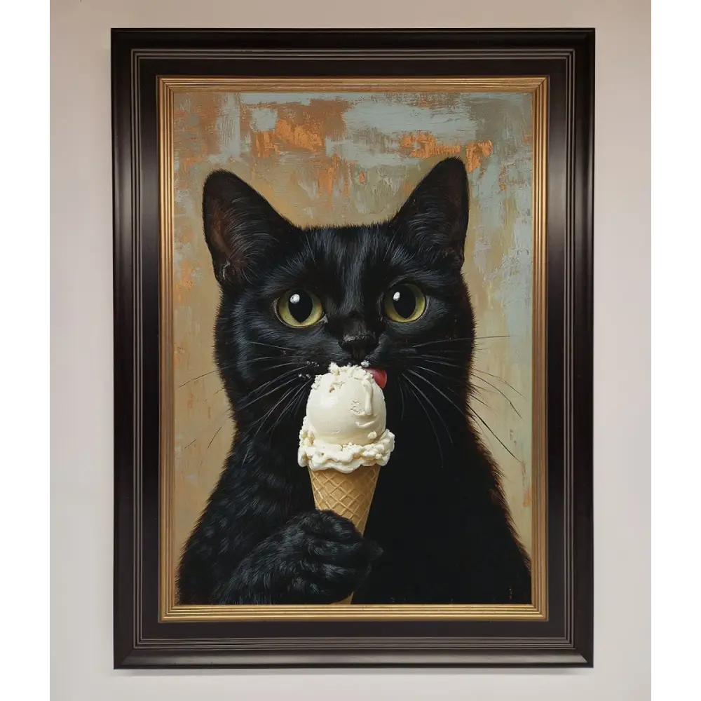 Black Cat Vanilla Icecream Funny Framed Wall Art - B0 (100 x 141 cm) / Black Gold - Framed Print
