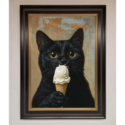 Black Cat Vanilla Icecream Funny Framed Wall Art - B0 (100 x 141 cm) / Black Gold - Framed Print