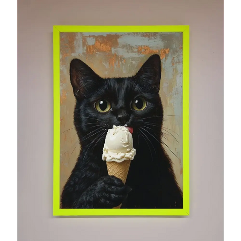 Black Cat Vanilla Icecream Funny Framed Wall Art - B0 (100 x 141 cm) / Neon Green - Framed Print