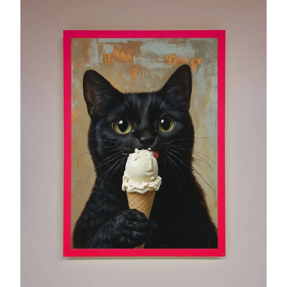 Black Cat Vanilla Icecream Funny Framed Wall Art - B0 (100 x 141 cm) / Neon Pink - Framed Print