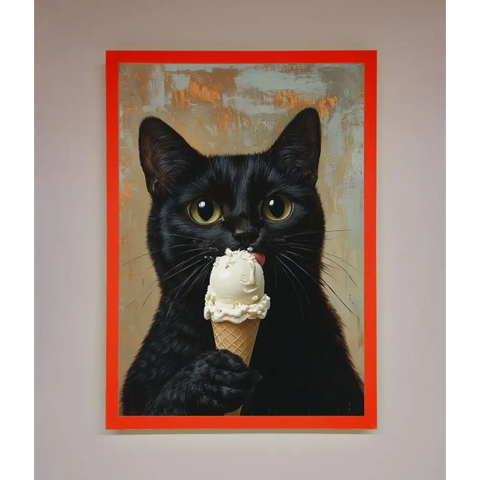 Black Cat Vanilla Icecream Funny Framed Wall Art - B0 (100 x 141 cm) / Neon Red - Framed Print
