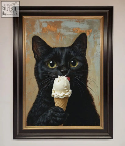 A funny framed wall art of a black cat vanilla holding a vanilla ice cream cone in a dark brown ornate frame