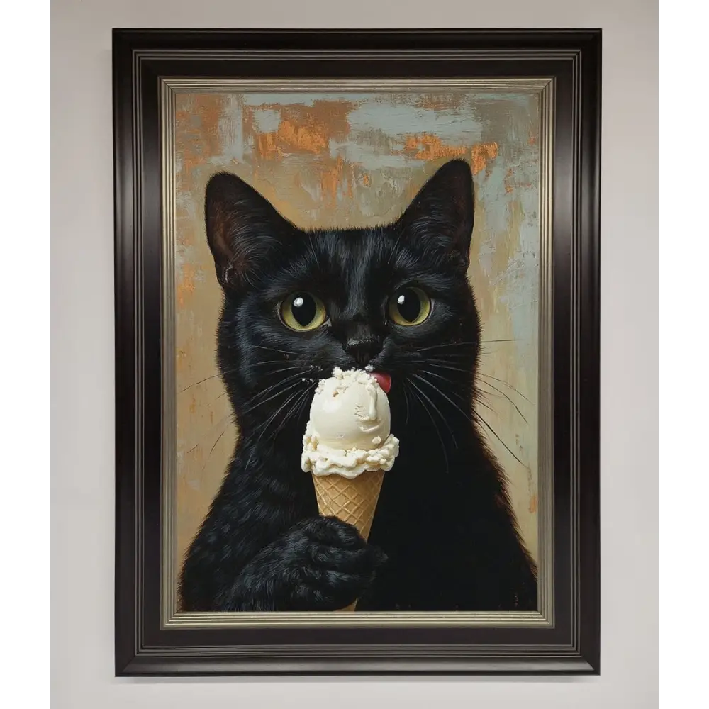 Black Cat Vanilla Icecream Funny Framed Wall Art - B0 (100 x 141 cm) / Black Silver - Framed Print