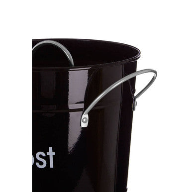 Black compost bin made of black enamel-coated galvanised steel with silver wire handles for easy composting