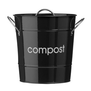 Black compost bin made of galvanised steel with black enamel finish silver handles and matching lid for composting