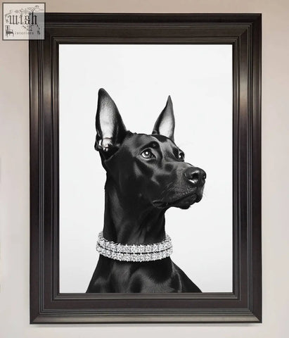 Black doberman diamond framed poster featuring a black and white doberman with a diamond-studded collar in dark wood frame