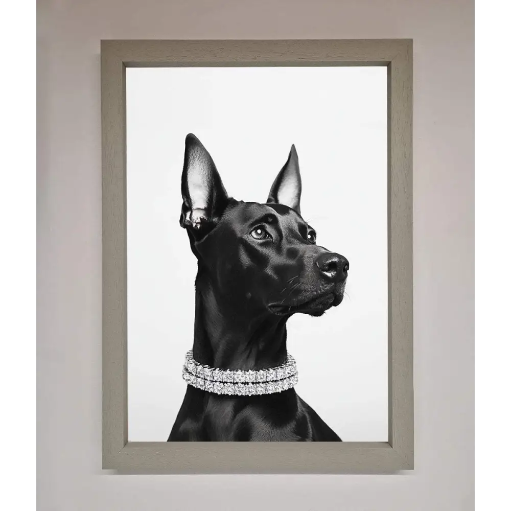 Black Doberman Diamond Neckless Framed Poster - A3 (29.7 x 42 cm) / Grey - Framed Print