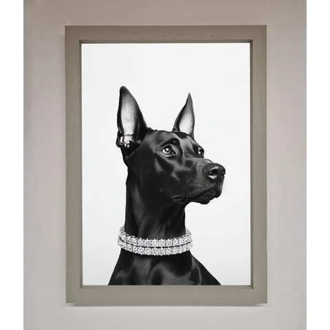 Black Doberman Diamond Neckless Framed Poster - A3 (29.7 x 42 cm) / Grey - Framed Print
