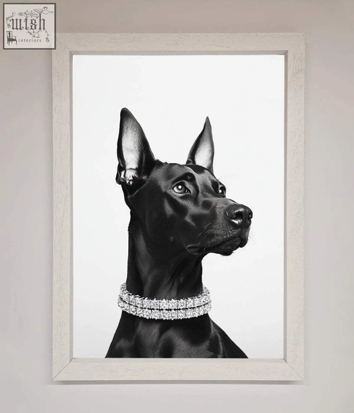 Black doberman diamond framed poster featuring a black doberman wearing a diamond-studded collar in a white frame
