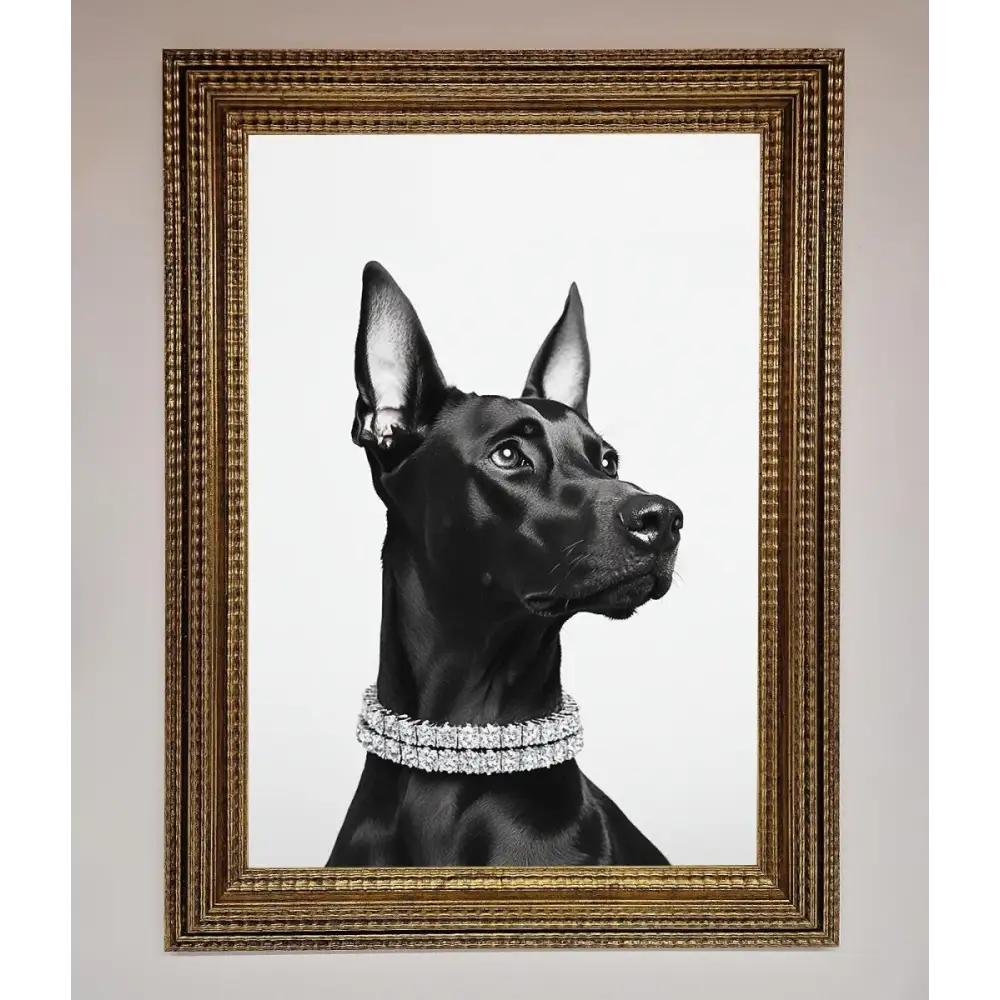 Black Doberman Diamond Neckless Framed Poster - A3 (29.7 x 42 cm) / Ornate Gold - Framed Print