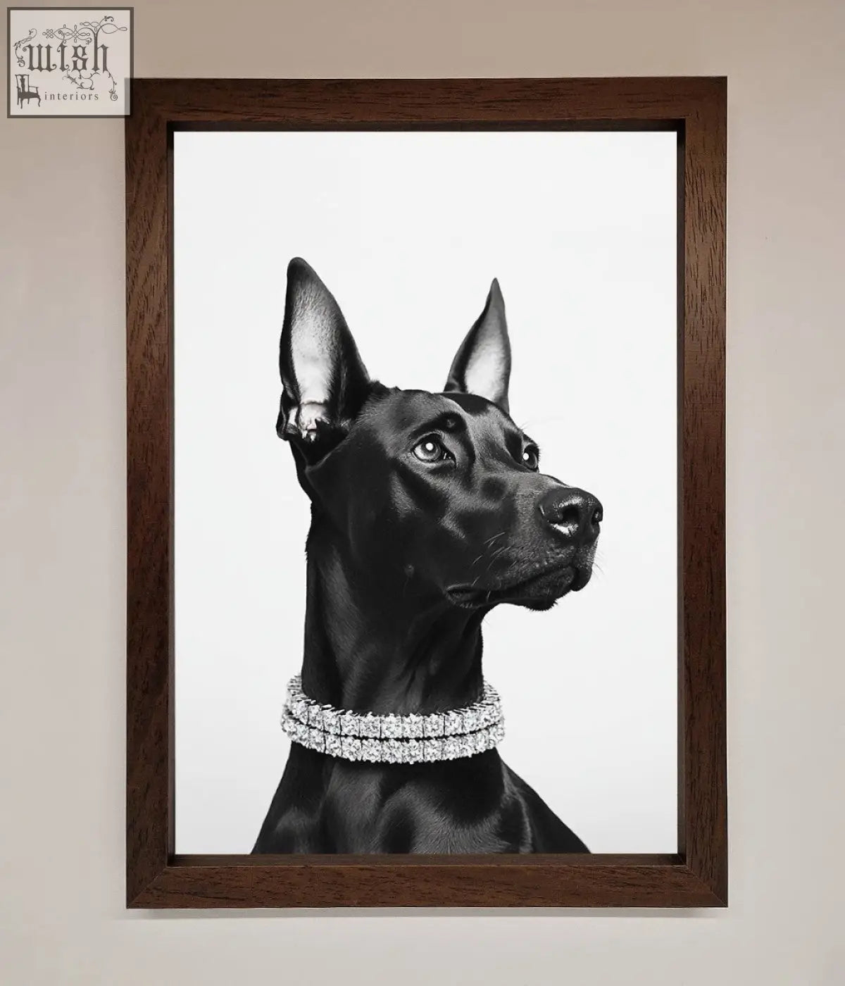 Black doberman diamond framed poster featuring a portrait in a dark wood frame with an ornate diamond collar