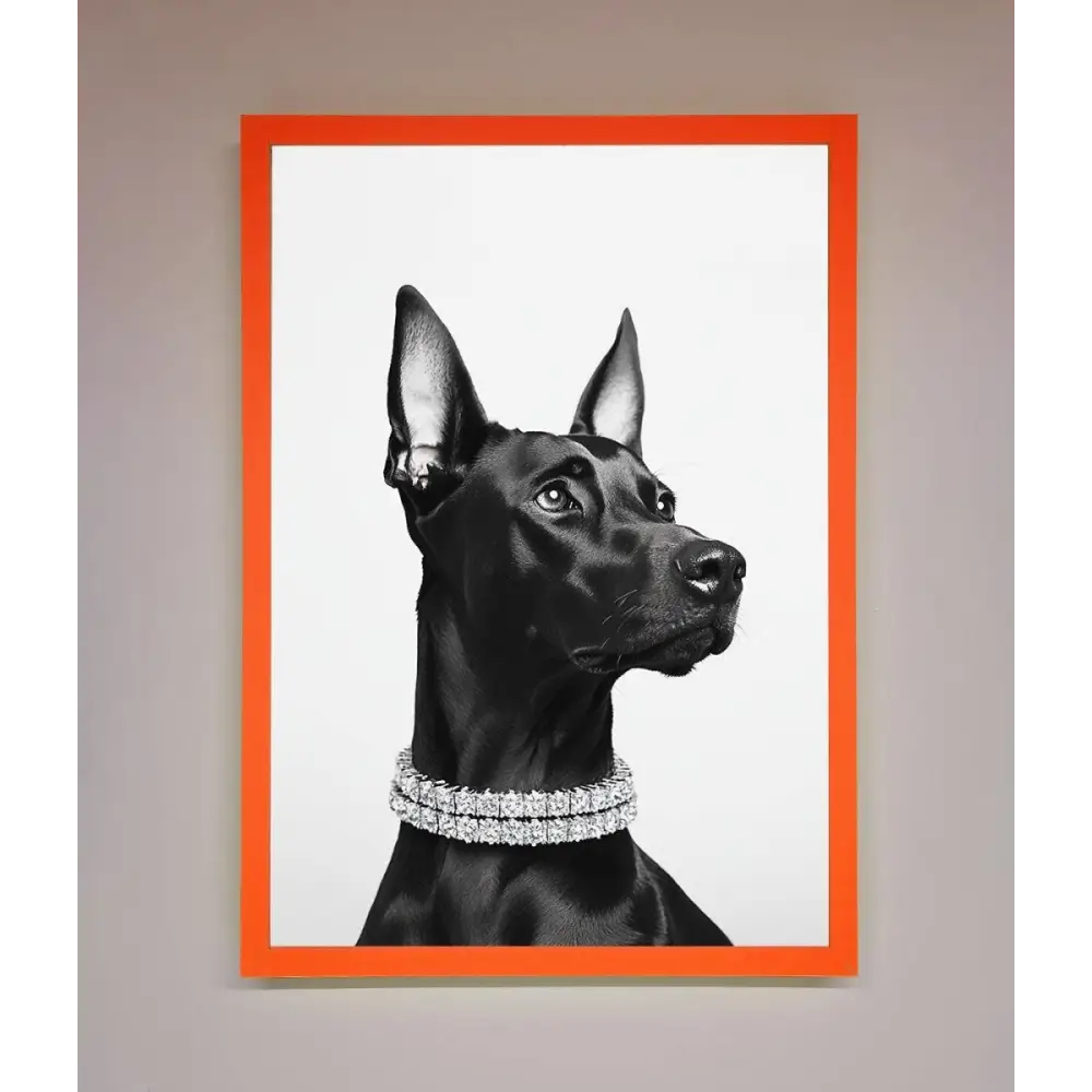 Black Doberman Diamond Neckless Framed Poster - A3 (29.7 x 42 cm) / Neon Orange - Framed Print