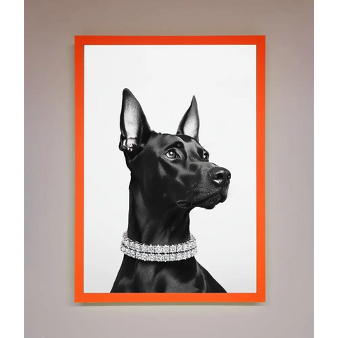 Black Doberman Diamond Neckless Framed Poster - A3 (29.7 x 42 cm) / Neon Orange - Framed Print