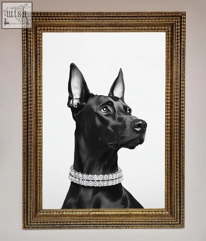 Black doberman diamond framed poster featuring a black doberman portrait with a diamond collar in a gold ornate frame