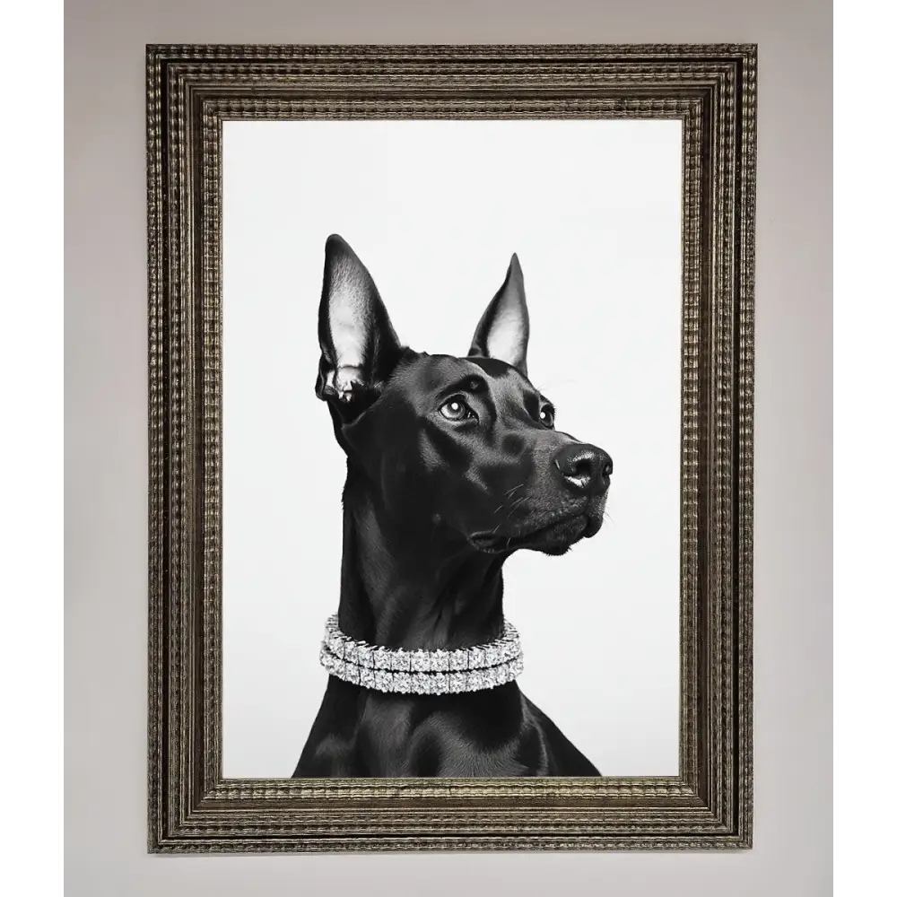Black Doberman Diamond Neckless Framed Poster - A3 (29.7 x 42 cm) / Ornate Silver - Framed Print