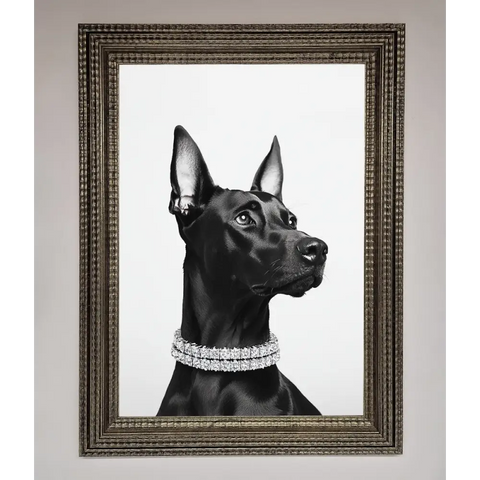 Black Doberman Diamond Neckless Framed Poster - A3 (29.7 x 42 cm) / Ornate Silver - Framed Print