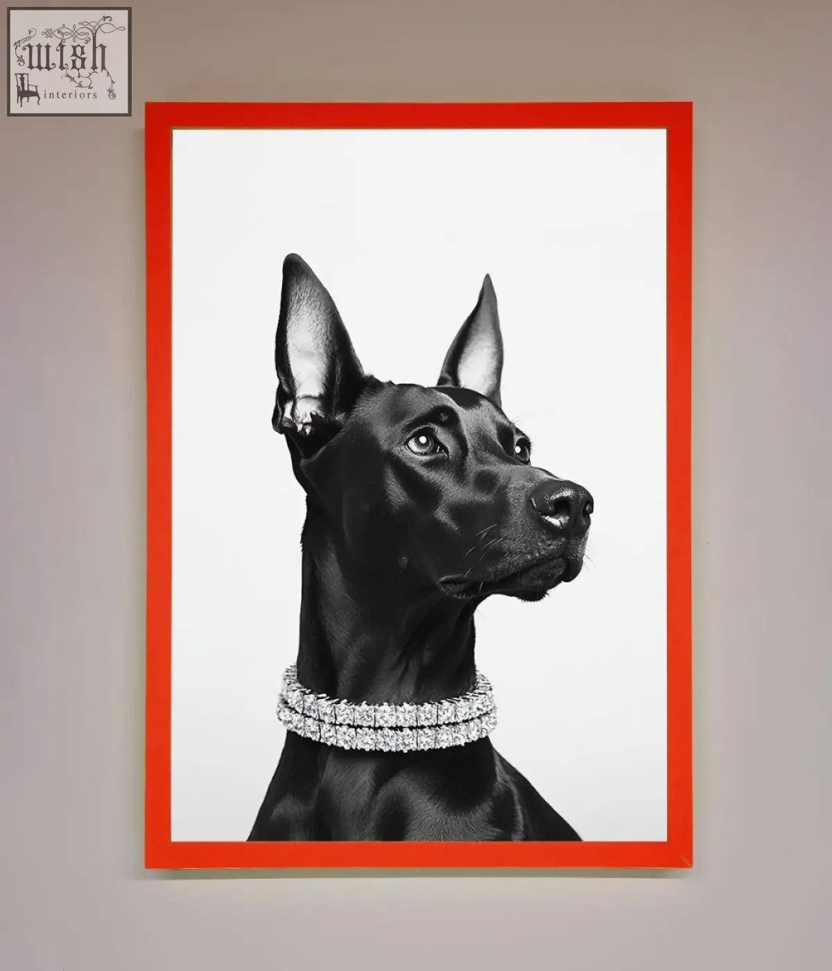 Black doberman diamond framed poster featuring a black-and-white doberman with a diamond-studded collar in red frame