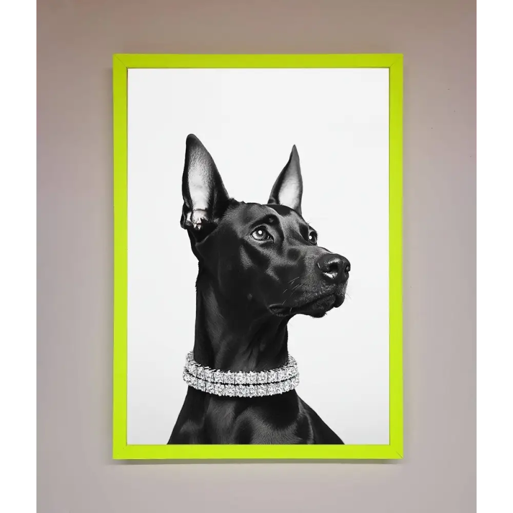 Black Doberman Diamond Neckless Framed Poster - B0 (100 x 141 cm) / Neon Green - Framed Print