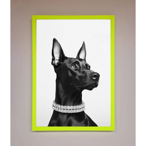 Black Doberman Diamond Neckless Framed Poster - B0 (100 x 141 cm) / Neon Green - Framed Print