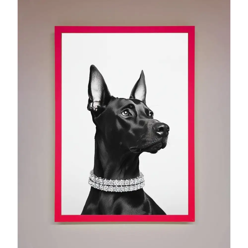 Black Doberman Diamond Neckless Framed Poster - B0 (100 x 141 cm) / Neon Pink - Framed Print