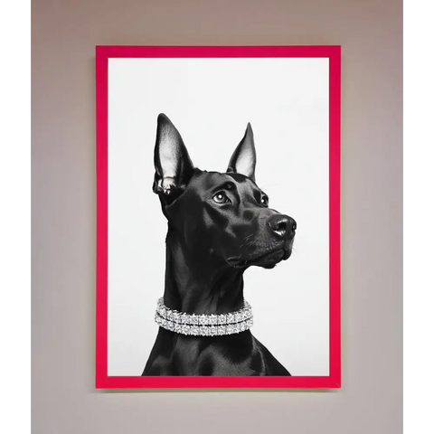 Black Doberman Diamond Neckless Framed Poster - B0 (100 x 141 cm) / Neon Pink - Framed Print