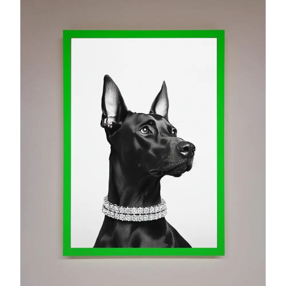 Black Doberman Diamond Neckless Framed Poster - B0 (100 x 141 cm) / Neon Dark Green - Framed Print
