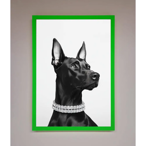 Black Doberman Diamond Neckless Framed Poster - B0 (100 x 141 cm) / Neon Dark Green - Framed Print